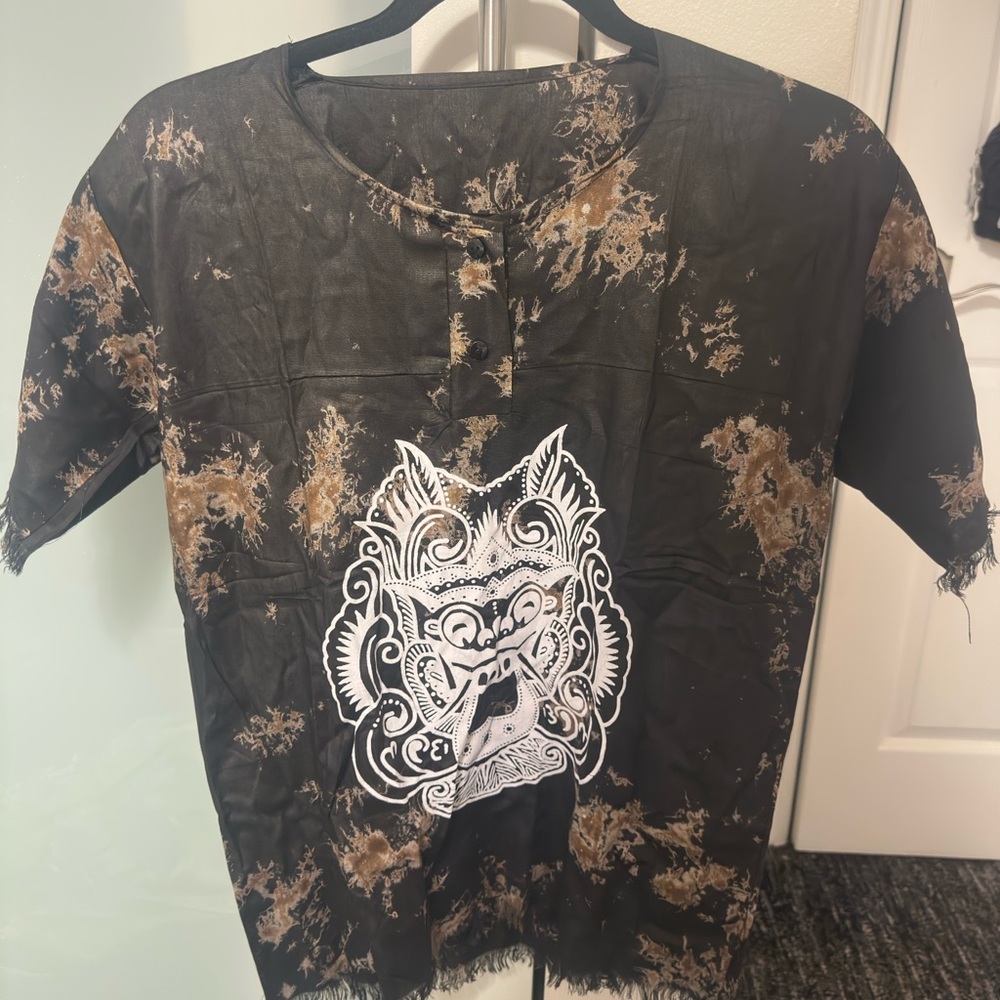 Black and Brown Bali Barong Indonesian Graphic button shirt